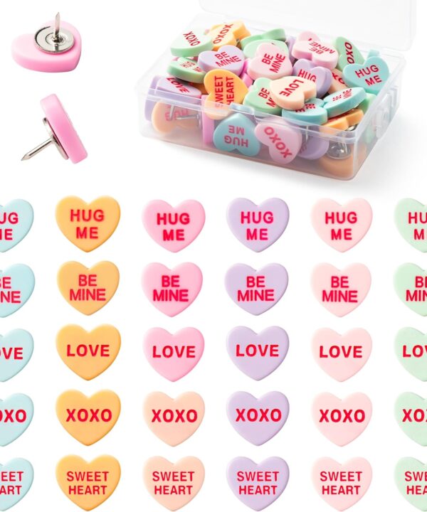 BeYumi 60Pcs Valentine's Day Conversation Heart Push Pins Valentine Sweet Love Thumbtacks Cute Creative Decorative Colorful Push Pin for Cork Board Bulletin Board Photo Wall Map Home Office Decoration