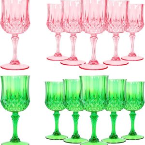 LemonRoad 12 Pcs Pink and Green Plastic Wine Glasses Christmas Party Vintage Plastic Goblets Drinking Glasses for Wedding Reception Bridal Showers Grand Event Party Supplies