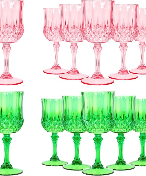 LemonRoad 12 Pcs Pink and Green Plastic Wine Glasses Christmas Party Vintage Plastic Goblets Drinking Glasses for Wedding Reception Bridal Showers Grand Event Party Supplies