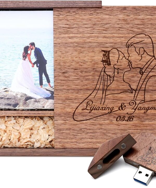16GB Custom Wood USB 3.0 Flash Drive with Album Box, Wedding Thumb Drives, Personalized Heart-Shape Memory Sticks, Engraving/Printing Your Logo & Text for Graduation/Birthday/Parents/Photography