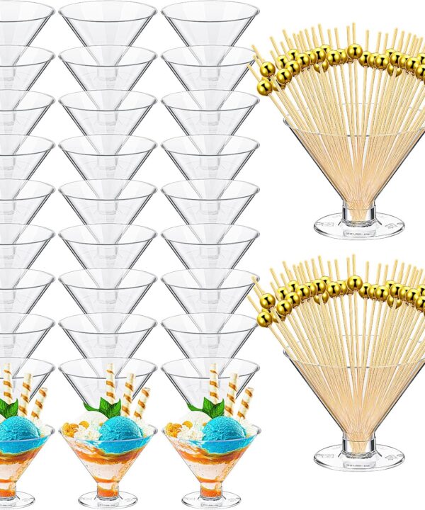 Irenare 100 Clear Plastic Martini Glasses and Cocktail Picks Set Disposable Martini Cups Clear Mini Dessert Glasses for Christmas Weddings Party Wine Appetizers Food (5 oz)