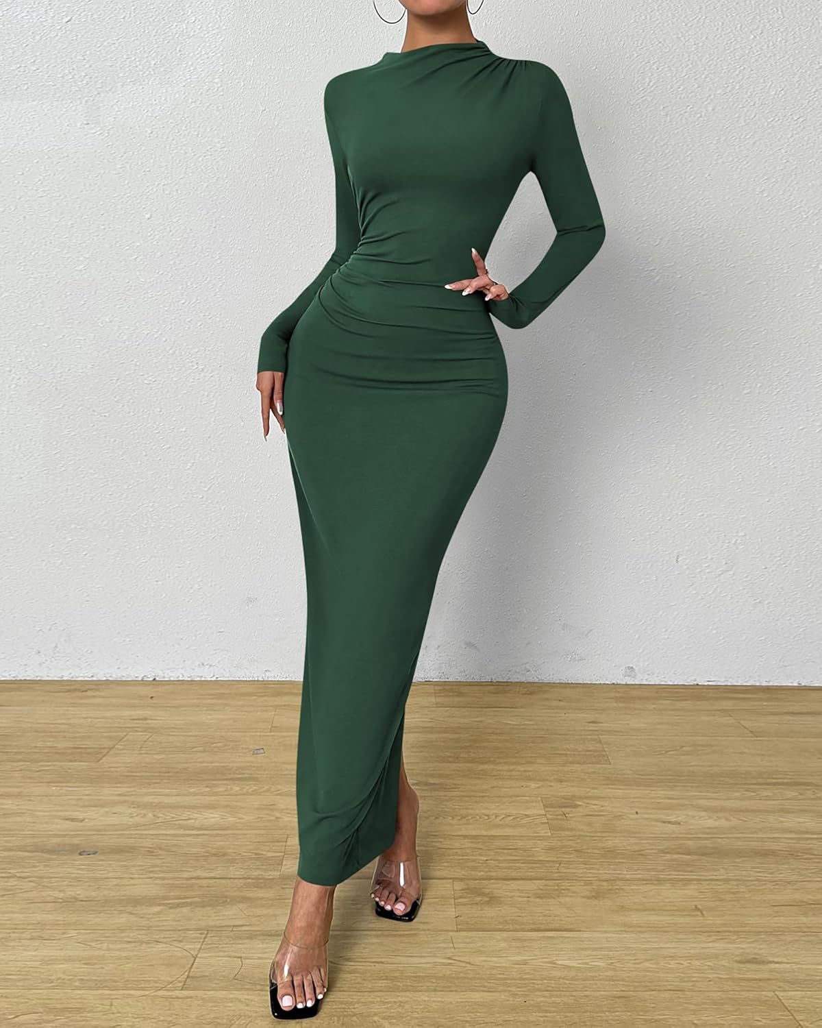 BTFBM Women Bodycon Maxi Dress Long Sleeve Back Slit Ruched Elegant Party Cocktail Formal Fall Wedding Guest Dresses