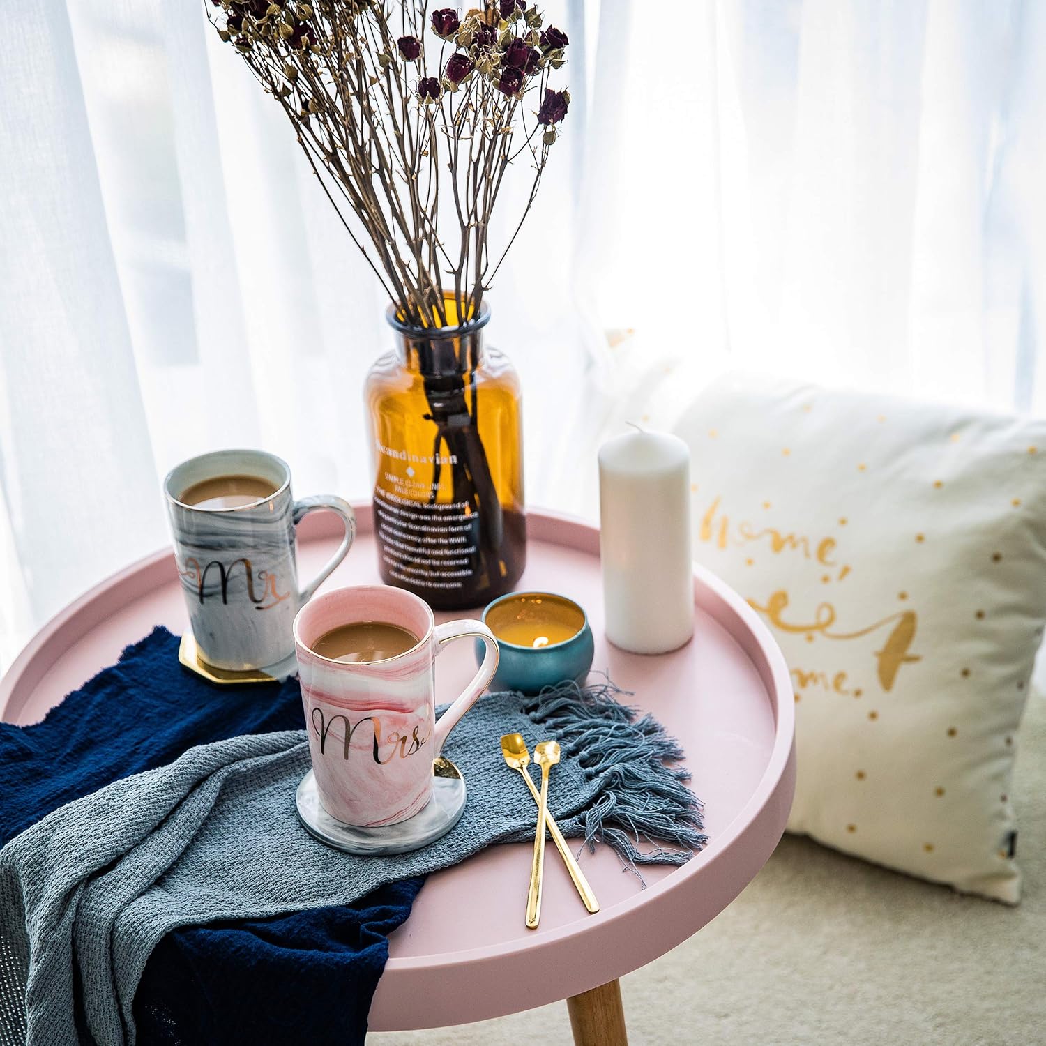 Jumway Mr and Mrs Coffee Mugs – Wedding Gifts for Bride and Groom – Gifts for Bridal Shower Engagement Wedding and Married Couples Anniversary – Ceramic Marble Cups 14 Oz Pink