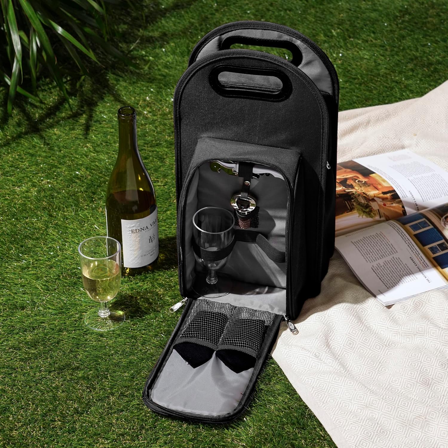 True Metro Insulated Wine Tote with Pockets, Wine Bottle Carrier and Picnic accessory set, wine glasses set of 2, Napkins, Corkscrew, and Bottle stopper, Black, Set of 1