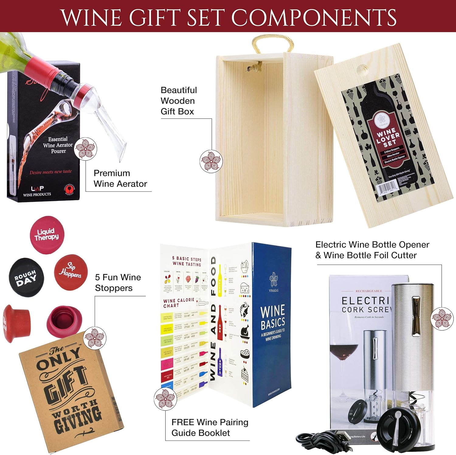 Wine Gifts Set Wine Accessories Set w/Wooden Box- Wine Gift Set includes Rechargeable Wine Opener Set, Wine Aerator, Wine Stoppers & Pairing Guide- Wine Basket Gift – Valentine’s Day Gifts for Women