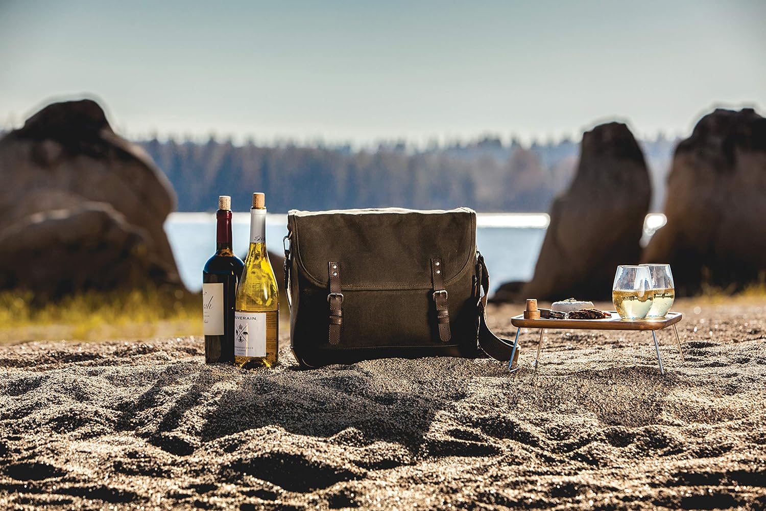 LEGACY – a Picnic Time Brand Adventure Wine Tote Bag with Wine Glasses and Mini Table, Khaki Green/Brown