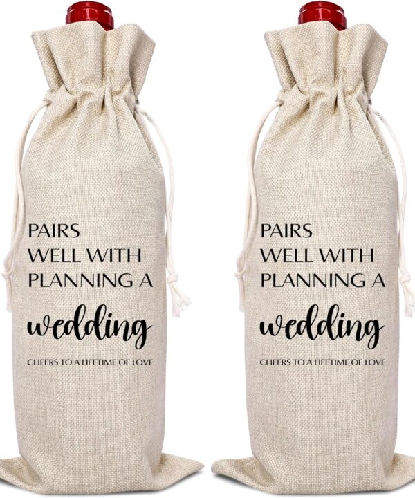 ONDTOM Pairs Well with Wedding Planning, Wedding Wine Bag, Engagement Gifts for Couple Bride Groom, Reusable Wine Bags with Drawstring-A06