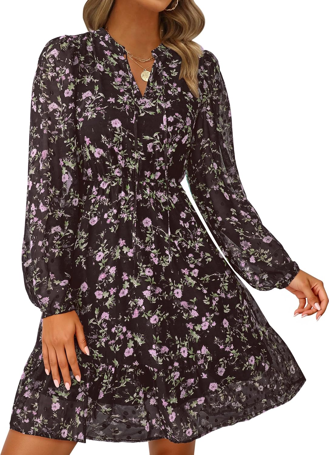 PRETTYGARDEN Women's Fall Boho Dresses 2025 Floral Long Sleeve V Neck Mini Flowy Wedding Guest Dress Trendy Vacation Outfits