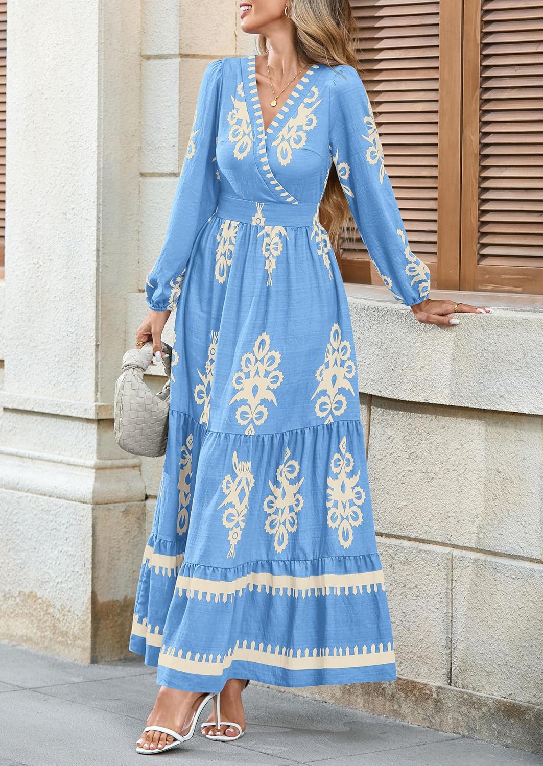 PRETTYGARDEN Womens 2025 Fall Wedding Guest Dresses Boho Floral Long Sleeve V Neck Flowy Elegant Maxi Dress Beach Clothes