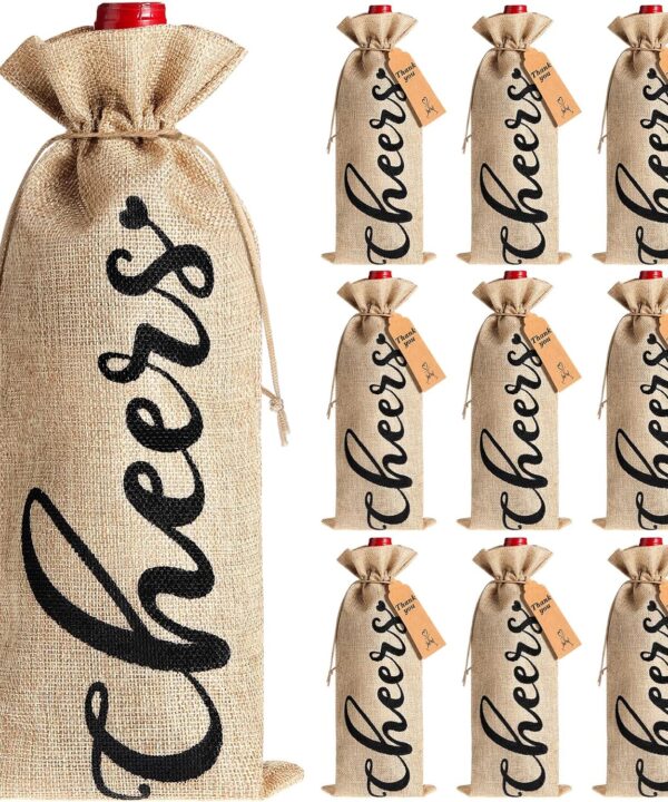 12 Pack Christmas Burlap Linen Wine Bags Wine Wrapping Bags with Drawstring Wine Bags for Wine Bottles Cover for Christmas Wedding Birthday Holiday Party Supplies(Linen Color with Black Letter)