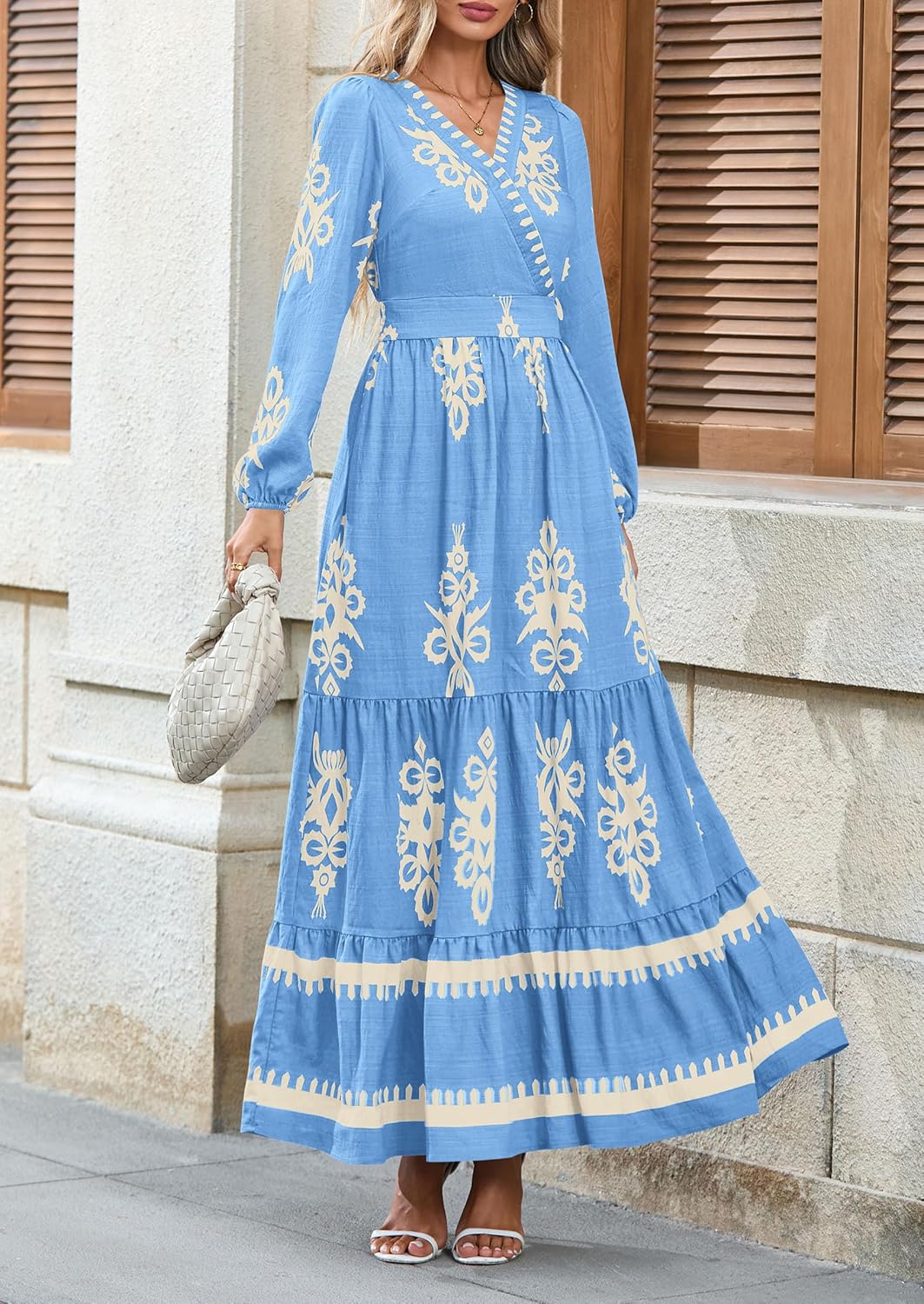 PRETTYGARDEN Womens 2025 Fall Wedding Guest Dresses Boho Floral Long Sleeve V Neck Flowy Elegant Maxi Dress Beach Clothes