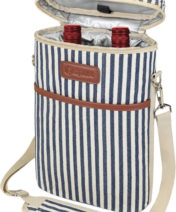 opux 2 Bottle Wine Carrier Tote, Insulated Leakproof Wine Cooler Bag, Wine Travel Bag for Picnic BYOB Beach, Portable Wine Bottle Carrying Case, Gift for Wine Lover Women Men Christmas,Stripe