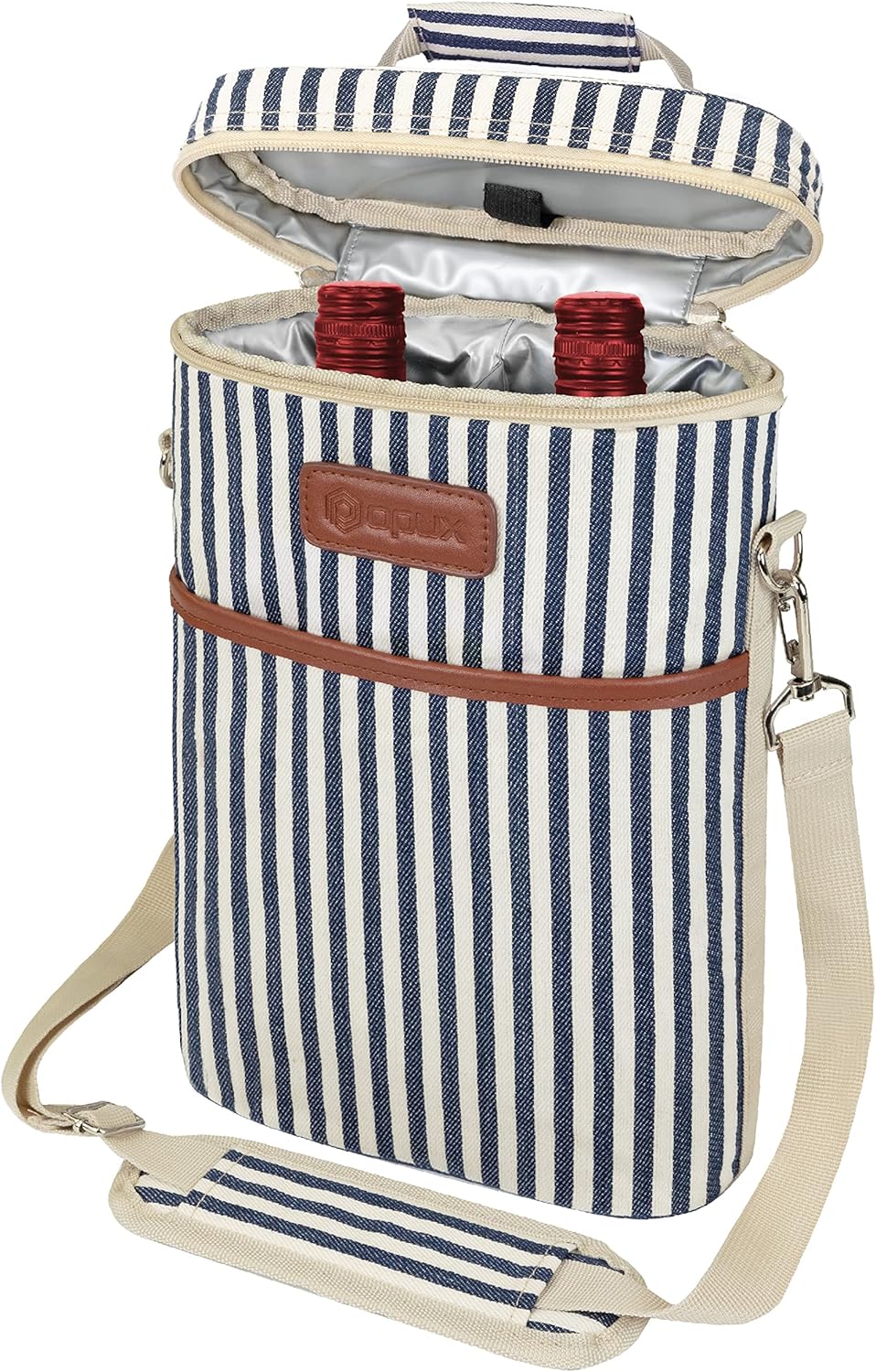 opux 2 Bottle Wine Carrier Tote, Insulated Leakproof Wine Cooler Bag, Wine Travel Bag for Picnic BYOB Beach, Portable Wine Bottle Carrying Case, Gift for Wine Lover Women Men Christmas,Stripe