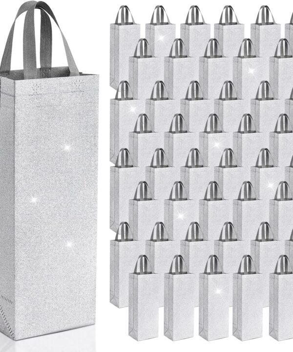 Woanger 48 Pcs Christmas Wine Gift Bags with Handles Reusable Metallic Glitter Non Woven Wine Bottles Bags for Holidays Wedding Party Favor Housewarming