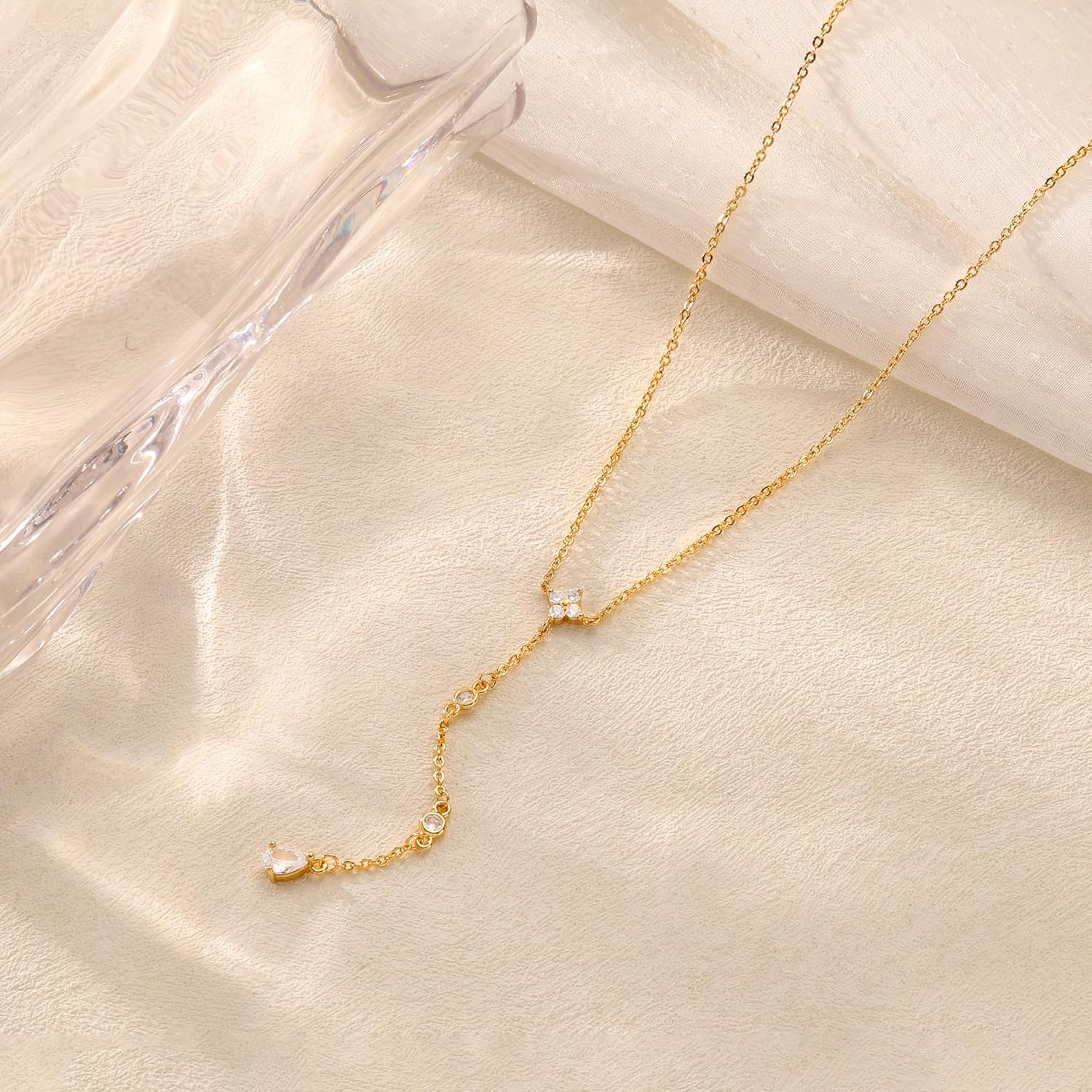 CHESKY Lariat Gold Necklace for Women Trendy, Dainty Long Necklace 14k Gold Plated/Silver Y-Shaped Pendant Necklace Layered CZ Beaded Chain Drop Necklaces Simple Gold Jewelry for Women Gifts