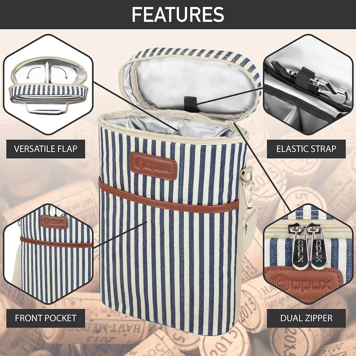 opux 2 Bottle Wine Carrier Tote, Insulated Leakproof Wine Cooler Bag, Wine Travel Bag for Picnic BYOB Beach, Portable Wine Bottle Carrying Case, Gift for Wine Lover Women Men Christmas,Stripe