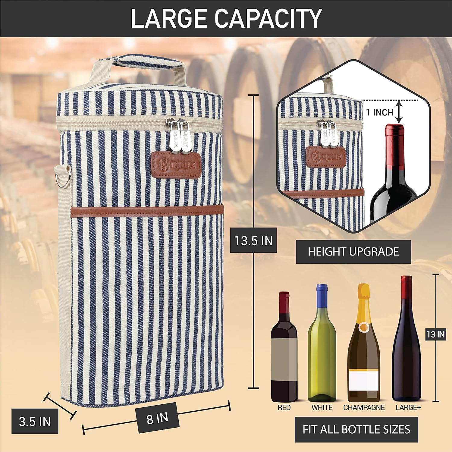opux 2 Bottle Wine Carrier Tote, Insulated Leakproof Wine Cooler Bag, Wine Travel Bag for Picnic BYOB Beach, Portable Wine Bottle Carrying Case, Gift for Wine Lover Women Men Christmas,Stripe