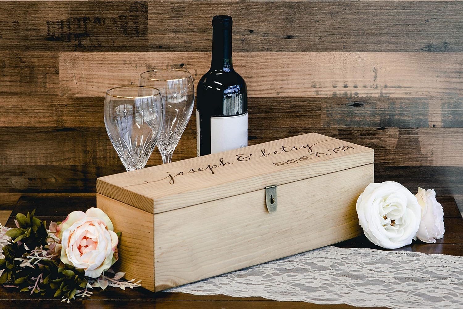 Personalized Engraved Wine Box – First Names and Vintage, Custom Text
