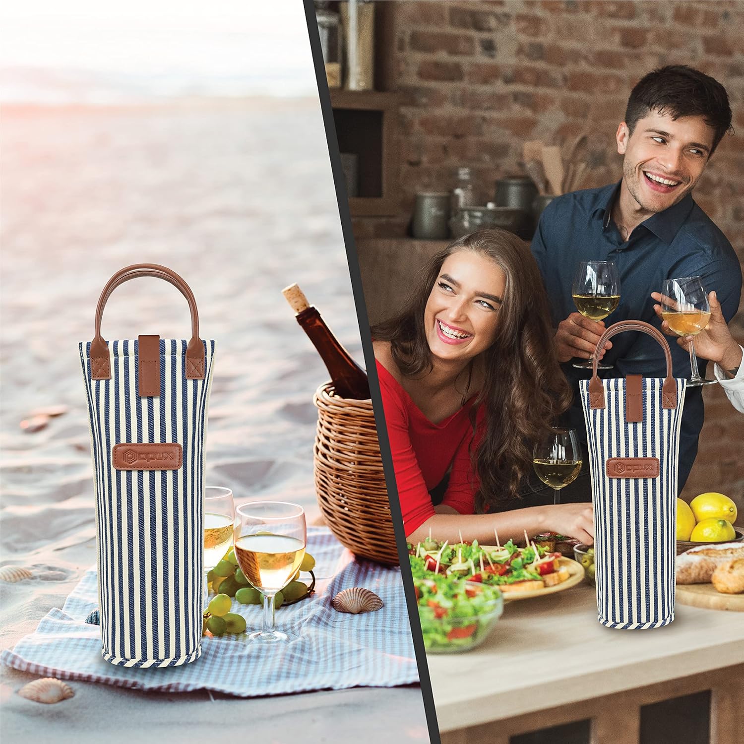 opux Wine Bag Single Bottle Carrier Tote, Insulated Travel Wine Cooler Bag for Picnic Beach Gift, Thermal Padded Portable One Bottle Holder Carrying Case for Women Men Wine Lovers, Navy White Stripes