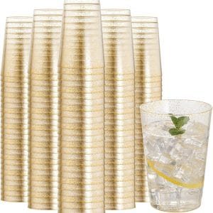 I00000 200 Pack 12 oz Gold Glitter Plastic Cups, Clear Disposable Cups, Disposable Plastic Wine Glasses Cocktail Glasses Premium Cups, 12 Ounce Glitter Tumblers for Party & Wedding