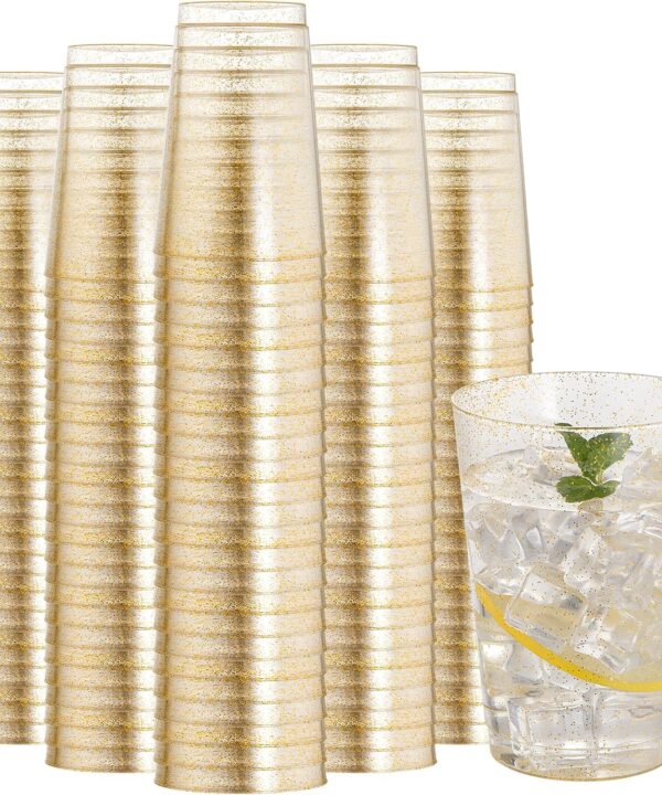 I00000 200 Pack 12 oz Gold Glitter Plastic Cups, Clear Disposable Cups, Disposable Plastic Wine Glasses Cocktail Glasses Premium Cups, 12 Ounce Glitter Tumblers for Party & Wedding