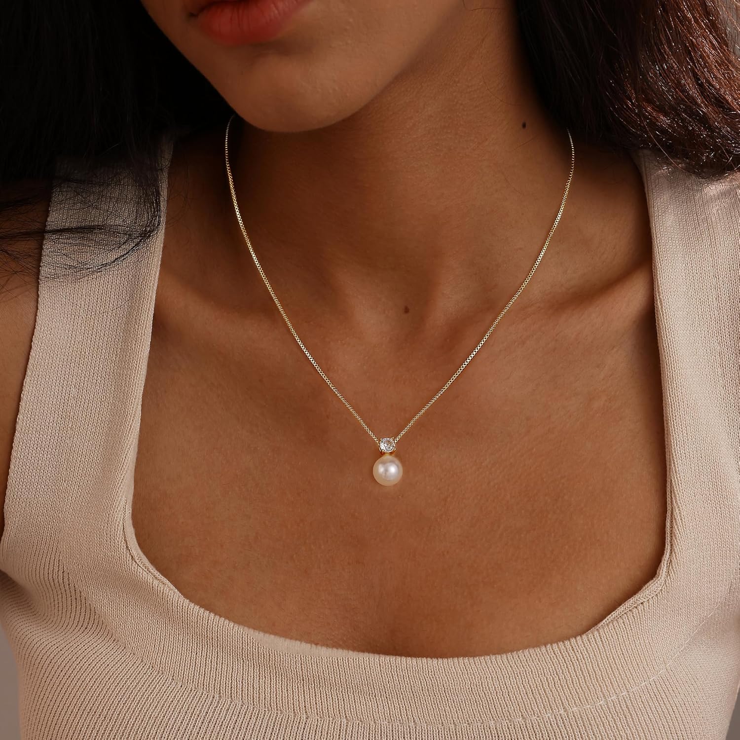 Pearl Necklaces for Women, Dainty Gold Necklace 14K Gold Plated Charm CZ Pearl Pendant Necklace Simple Gold Pearl Choker Necklaces for Women Trendy Wedding Womens Jewelry