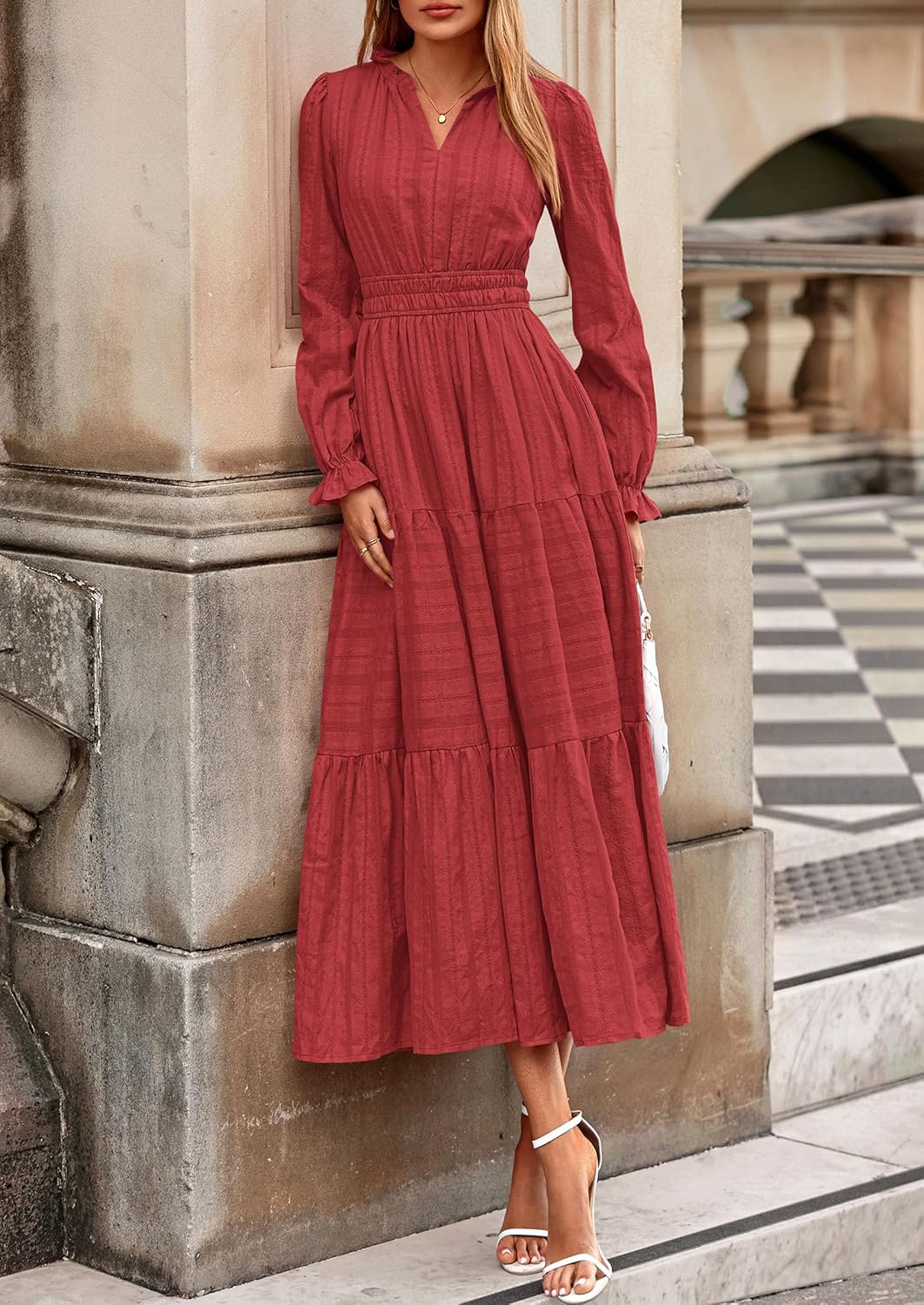 PRETTYGARDEN Womens 2025 Fall Wedding Guest Dresses Long Sleeve V Neck Flowy Elegant Holiday Party Maxi Dress with Pockets