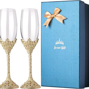 Gold Champagne Flutes - Crystal Glass Metal Base With Crystal Stones, Set of 2 Toasting Flute Pair, Wedding Anniversary Party Birthday Banquets and Gifts for Bride and Groom (Gold)