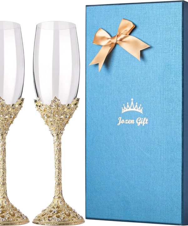 Gold Champagne Flutes - Crystal Glass Metal Base With Crystal Stones, Set of 2 Toasting Flute Pair, Wedding Anniversary Party Birthday Banquets and Gifts for Bride and Groom (Gold)