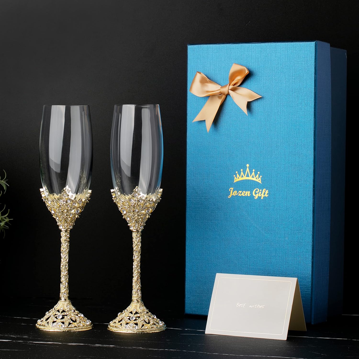 Gold Champagne Flutes – Crystal Glass Metal Base With Crystal Stones, Set of 2 Toasting Flute Pair, Wedding Anniversary Party Birthday Banquets and Gifts for Bride and Groom (Gold)