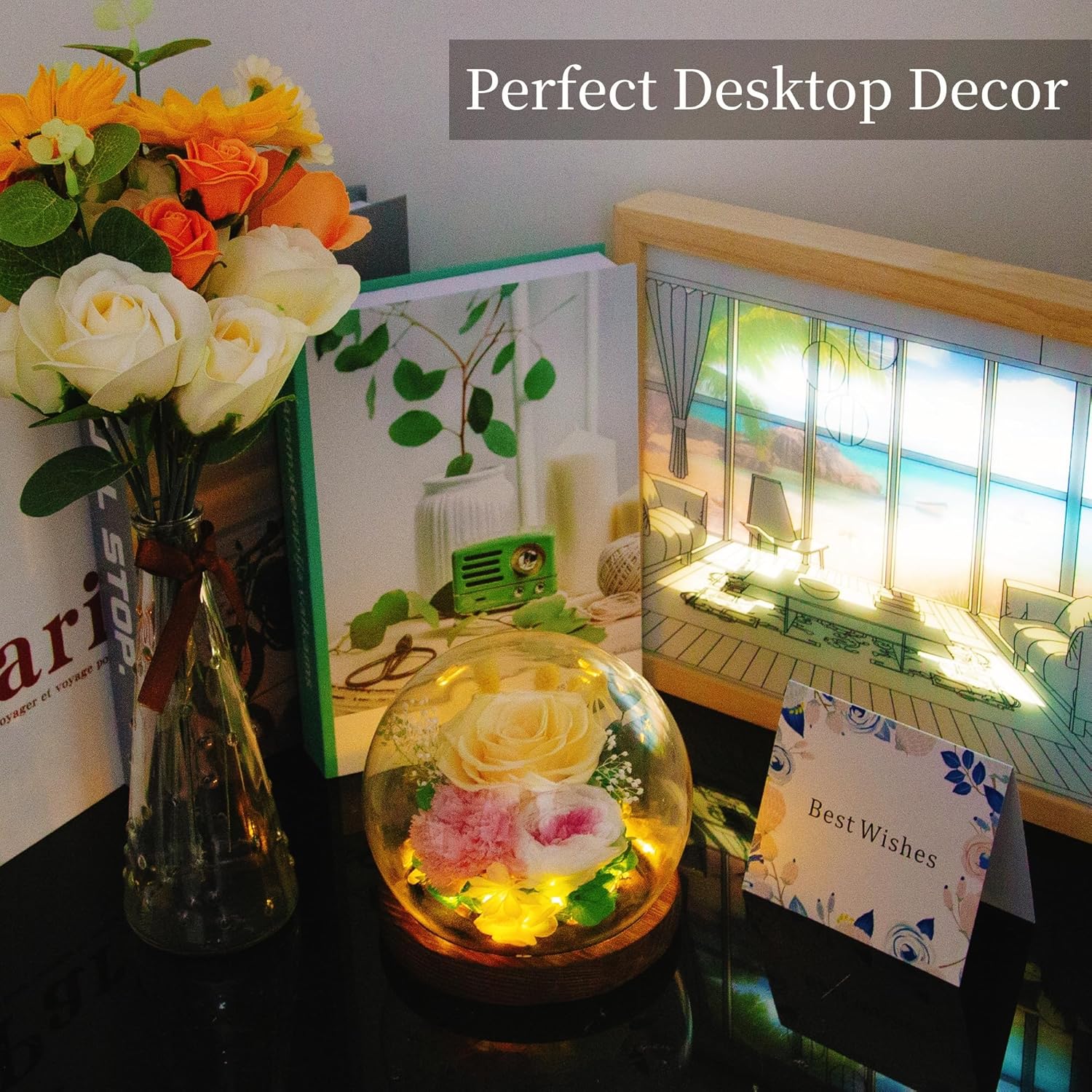 Yellow Rose Gifts for Womens for Mom Wife Girlfriend Mom – Preserved Real Rose in Glass Dome with LED Strip, Forever Flowers for Delivery on Birthday Anniversary