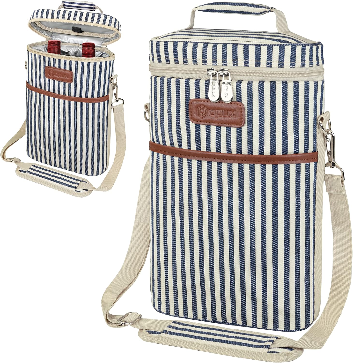 opux 2 Bottle Wine Carrier Tote, Insulated Leakproof Wine Cooler Bag, Wine Travel Bag for Picnic BYOB Beach, Portable Wine Bottle Carrying Case, Gift for Wine Lover Women Men Christmas,Stripe
