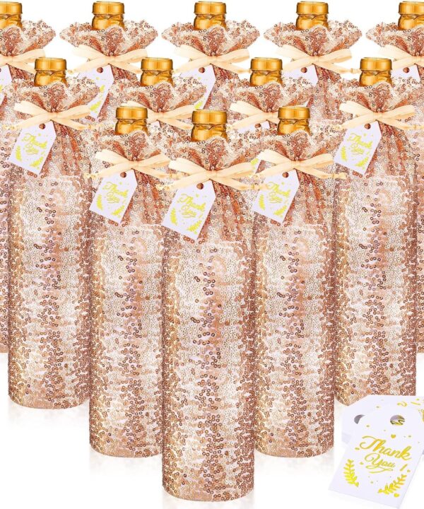 Shappy 12 Pcs Rose Gold Satin Wine Gift Bags with Drawstrings and Tags, Wine Bottle Bags Covers Reusable for Holiday Party Supplies