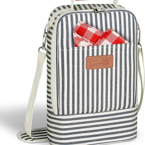 Tirrinia Insulated 2 Bottle Wine Gift Tote Bag - Wine Tumbler Glass Cooler Carrier for BYOB Restaurants, Wine Tasting, Travel, Park, Beach, Great Wine Lover Gift, Blue Stripe