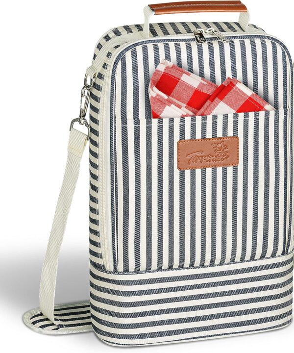 Tirrinia Insulated 2 Bottle Wine Gift Tote Bag - Wine Tumbler Glass Cooler Carrier for BYOB Restaurants, Wine Tasting, Travel, Park, Beach, Great Wine Lover Gift, Blue Stripe