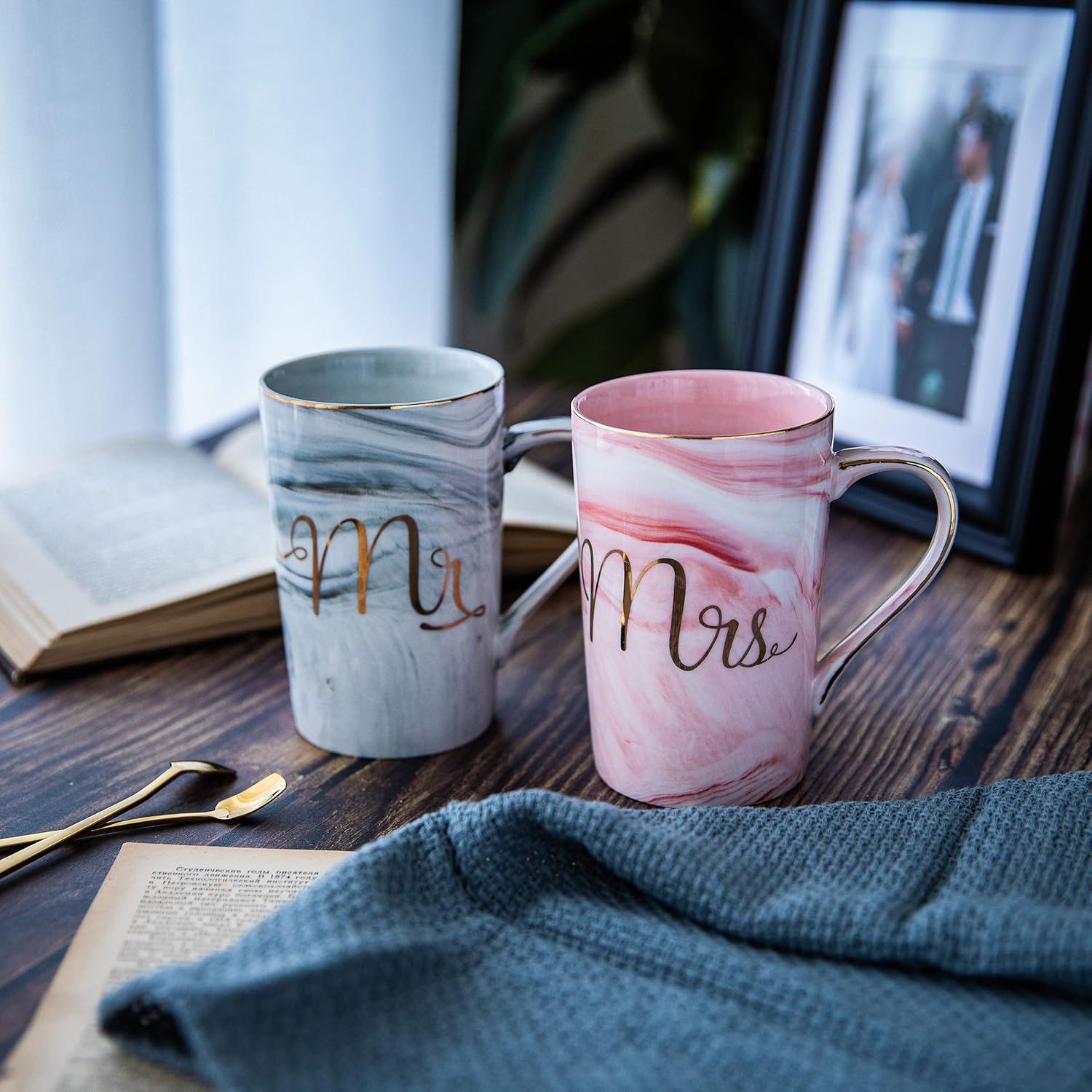 Jumway Mr and Mrs Coffee Mugs – Wedding Gifts for Bride and Groom – Gifts for Bridal Shower Engagement Wedding and Married Couples Anniversary – Ceramic Marble Cups 14 Oz Pink
