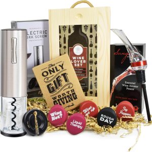Wine Gifts Set Wine Accessories Set w/Wooden Box- Wine Gift Set includes Rechargeable Wine Opener Set, Wine Aerator, Wine Stoppers & Pairing Guide- Wine Basket Gift - Valentine's Day Gifts for Women