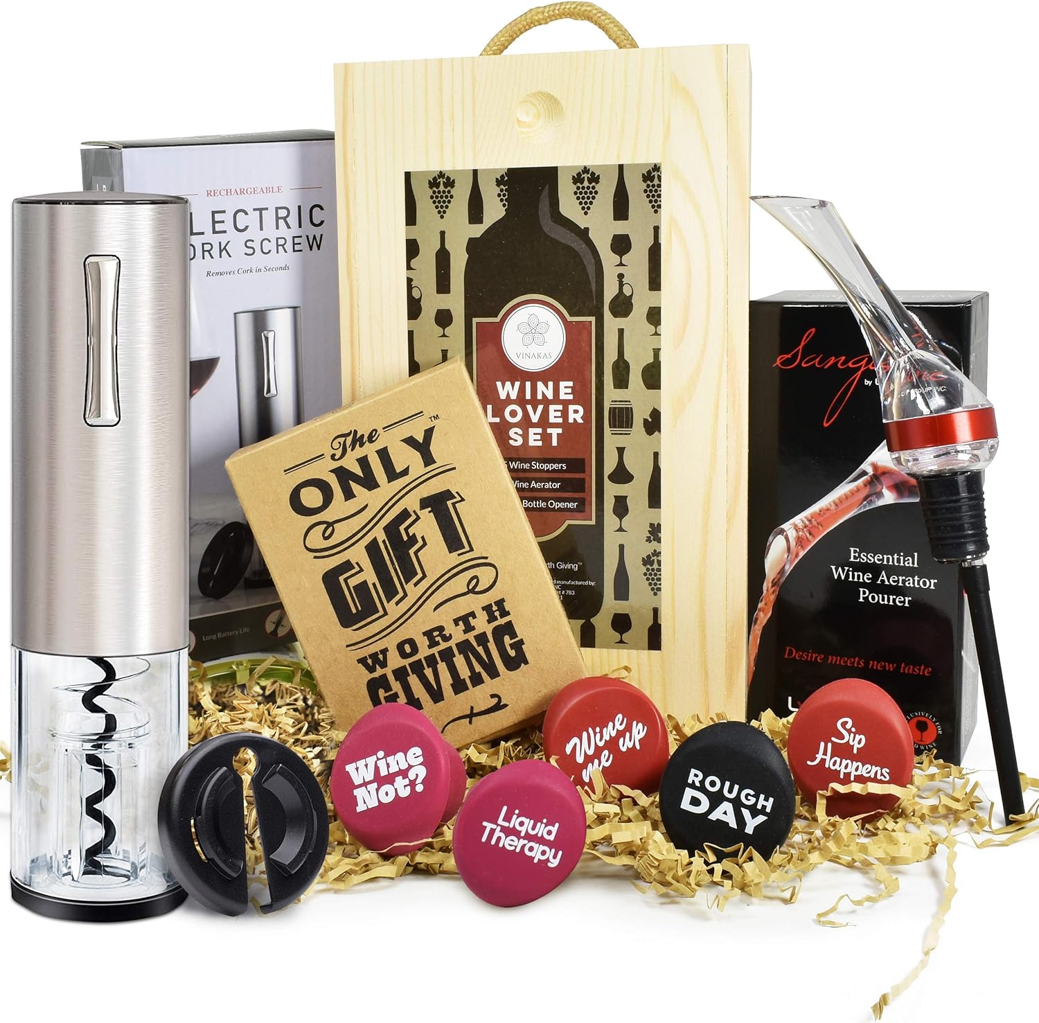 Wine Gifts Set Wine Accessories Set w/Wooden Box- Wine Gift Set includes Rechargeable Wine Opener Set, Wine Aerator, Wine Stoppers & Pairing Guide- Wine Basket Gift - Valentine's Day Gifts for Women