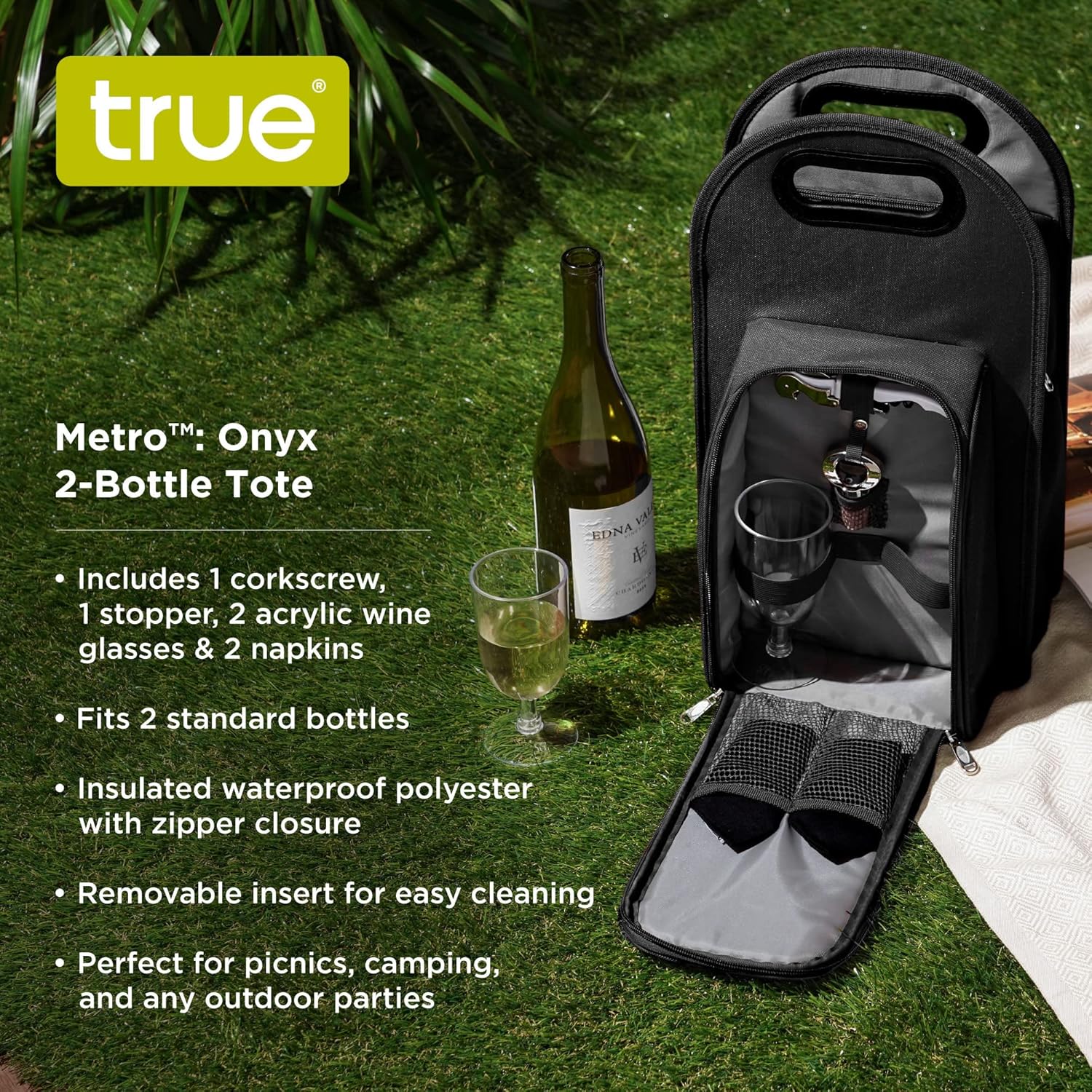 True Metro Insulated Wine Tote with Pockets, Wine Bottle Carrier and Picnic accessory set, wine glasses set of 2, Napkins, Corkscrew, and Bottle stopper, Black, Set of 1