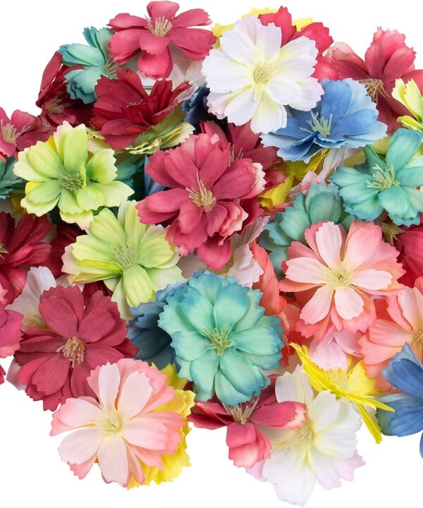 AUEAR, 50 Pack Artificial Silk Cherry Blossom Flowers Heads Craft Fake Peony Daisy Decor for Bridal Hair Clips Headbands Dress DIY Accessories Wedding Party Decorative (Mix Color)