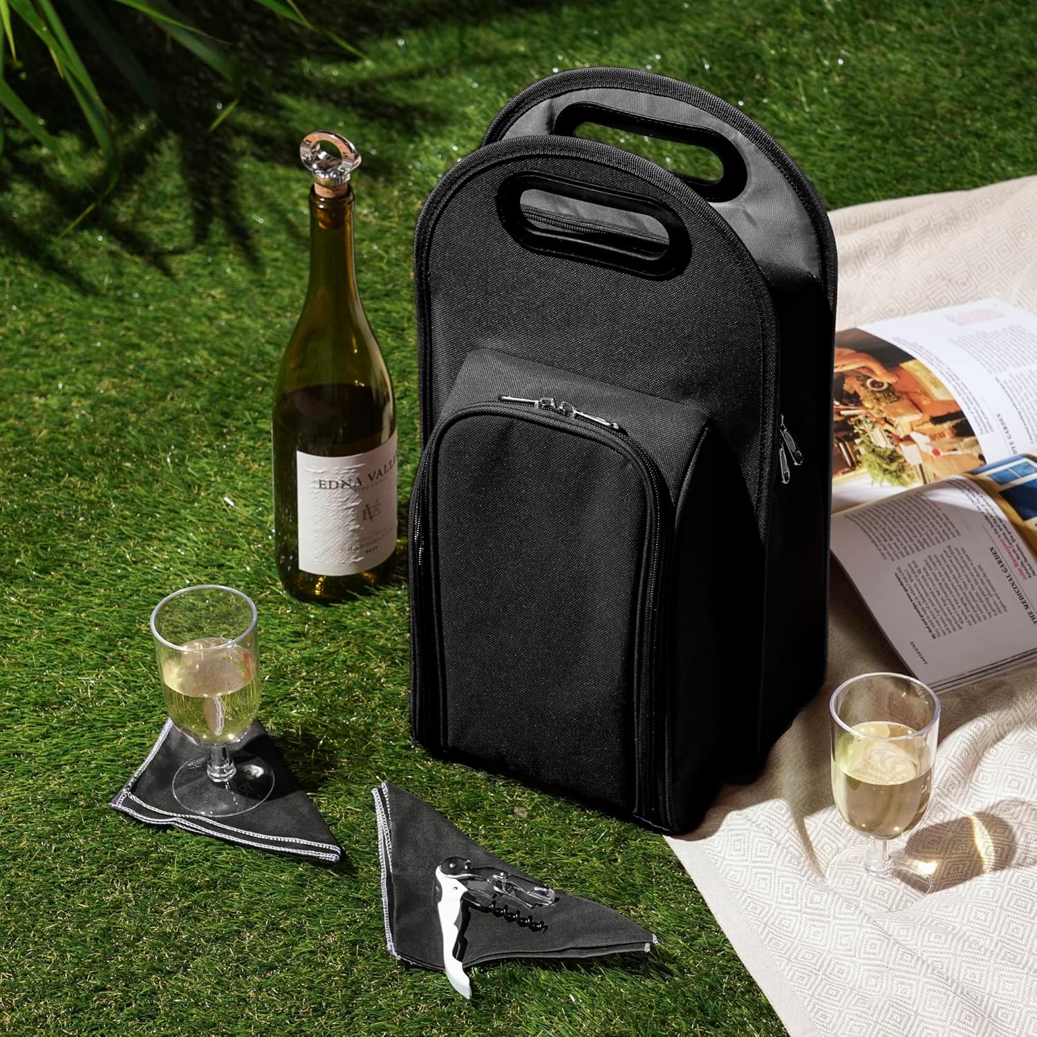 True Metro Insulated Wine Tote with Pockets, Wine Bottle Carrier and Picnic accessory set, wine glasses set of 2, Napkins, Corkscrew, and Bottle stopper, Black, Set of 1