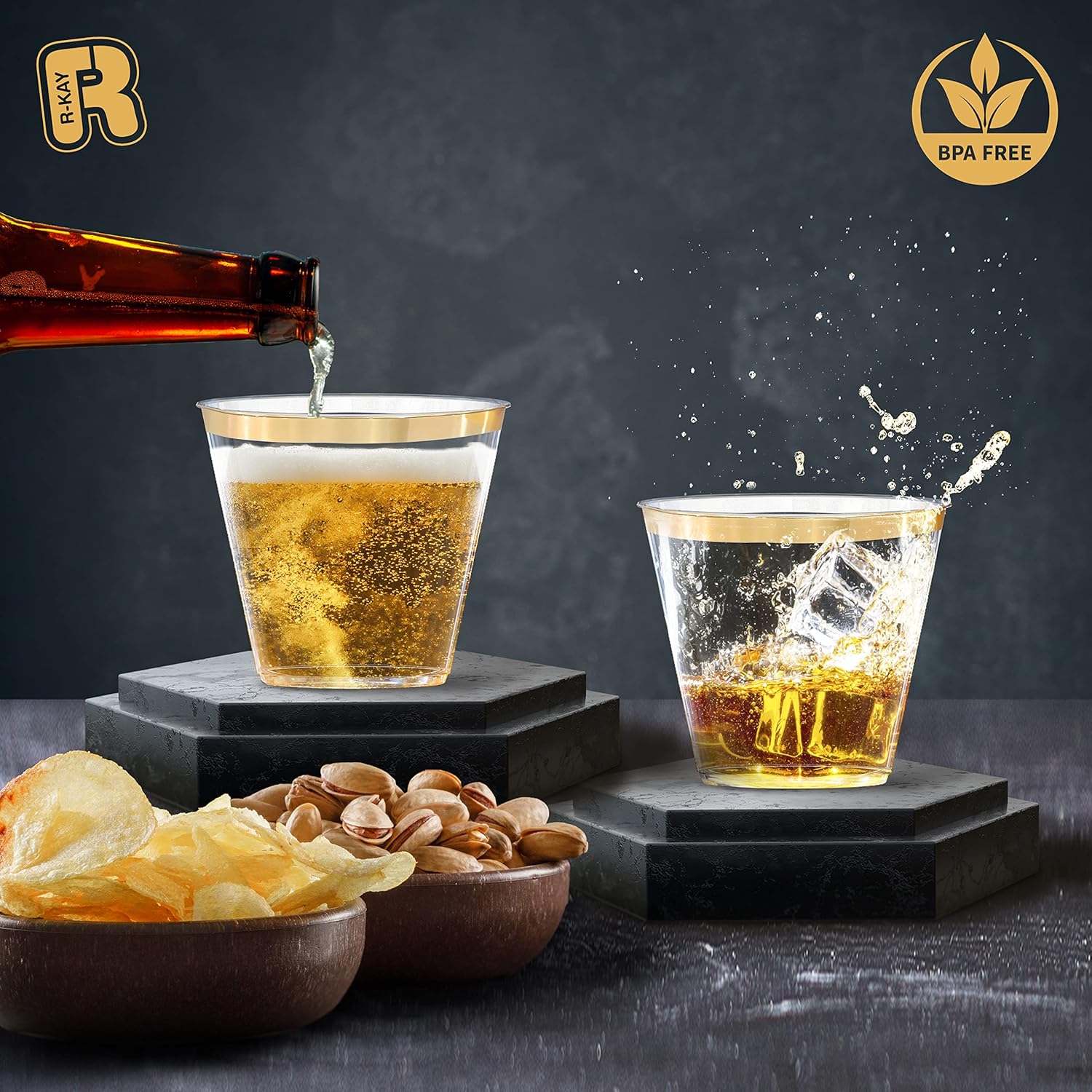 R-kay 100 Pack Gold Plastic Cups For Party – Plastic Cups 9 oz – Party Cups Disposable – Premium Heavy Duty Gold Cups – Disposable Wine Glasses For Wedding – Plastic Wine Glasses/Disposable Cups