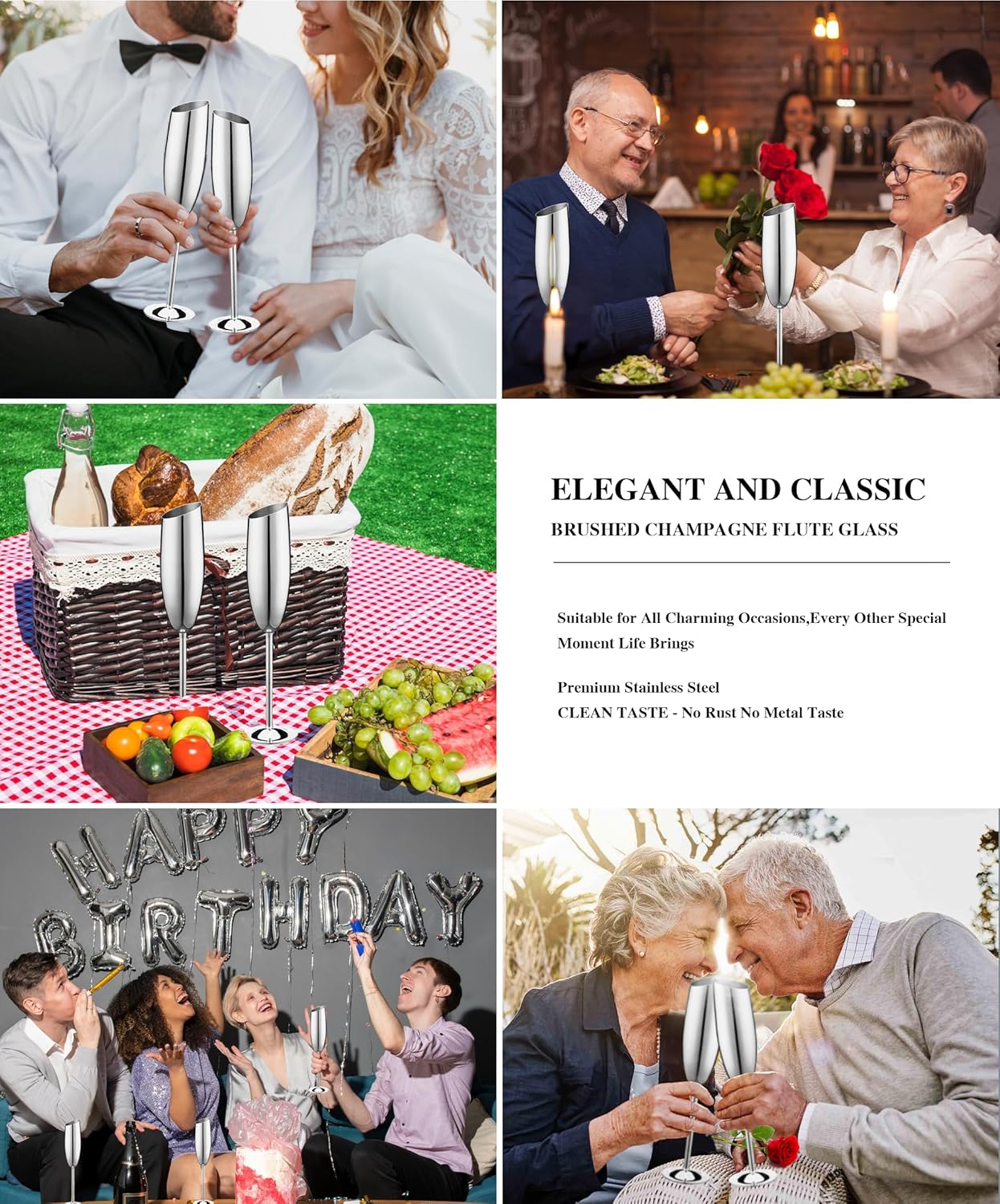 Silver Champagne Glasses Set of 2,8.2oz Stemmed Stainless Steel Unbreakable Champagne Flutes, Vintage Tall Metal Wine Glasses for Drinking Toasting Anniversary Wedding Christmas