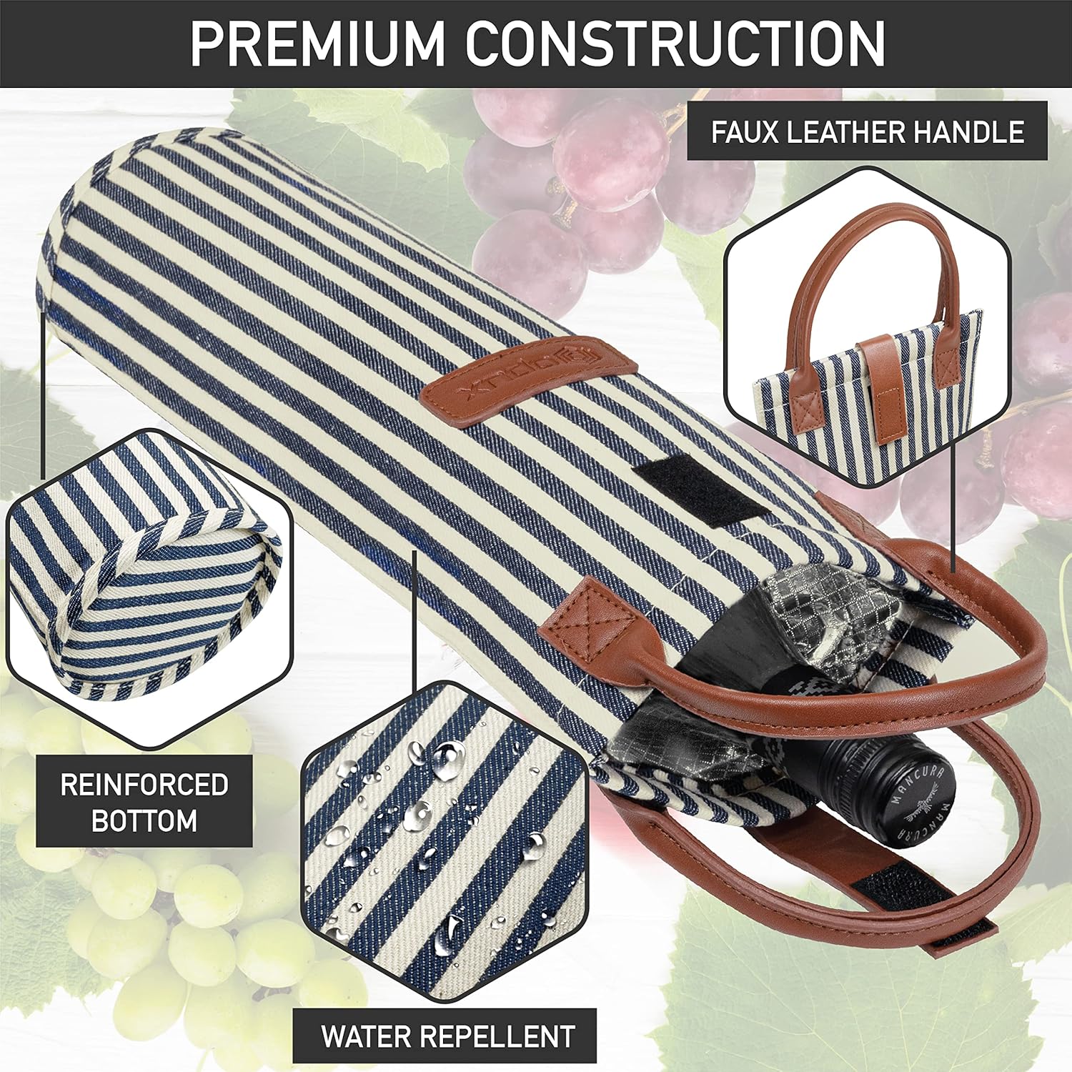 opux Wine Bag Single Bottle Carrier Tote, Insulated Travel Wine Cooler Bag for Picnic Beach Gift, Thermal Padded Portable One Bottle Holder Carrying Case for Women Men Wine Lovers, Navy White Stripes