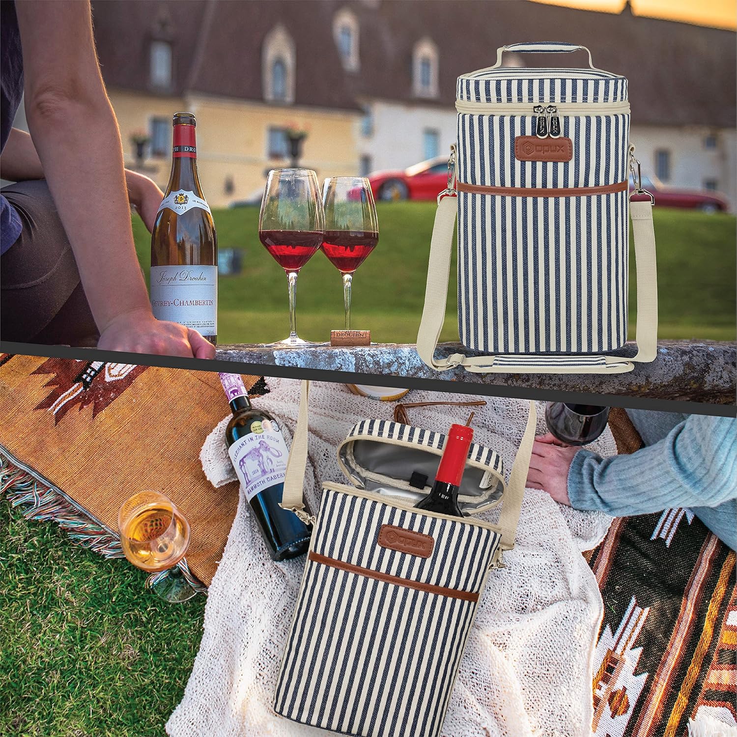 opux 2 Bottle Wine Carrier Tote, Insulated Leakproof Wine Cooler Bag, Wine Travel Bag for Picnic BYOB Beach, Portable Wine Bottle Carrying Case, Gift for Wine Lover Women Men Christmas,Stripe