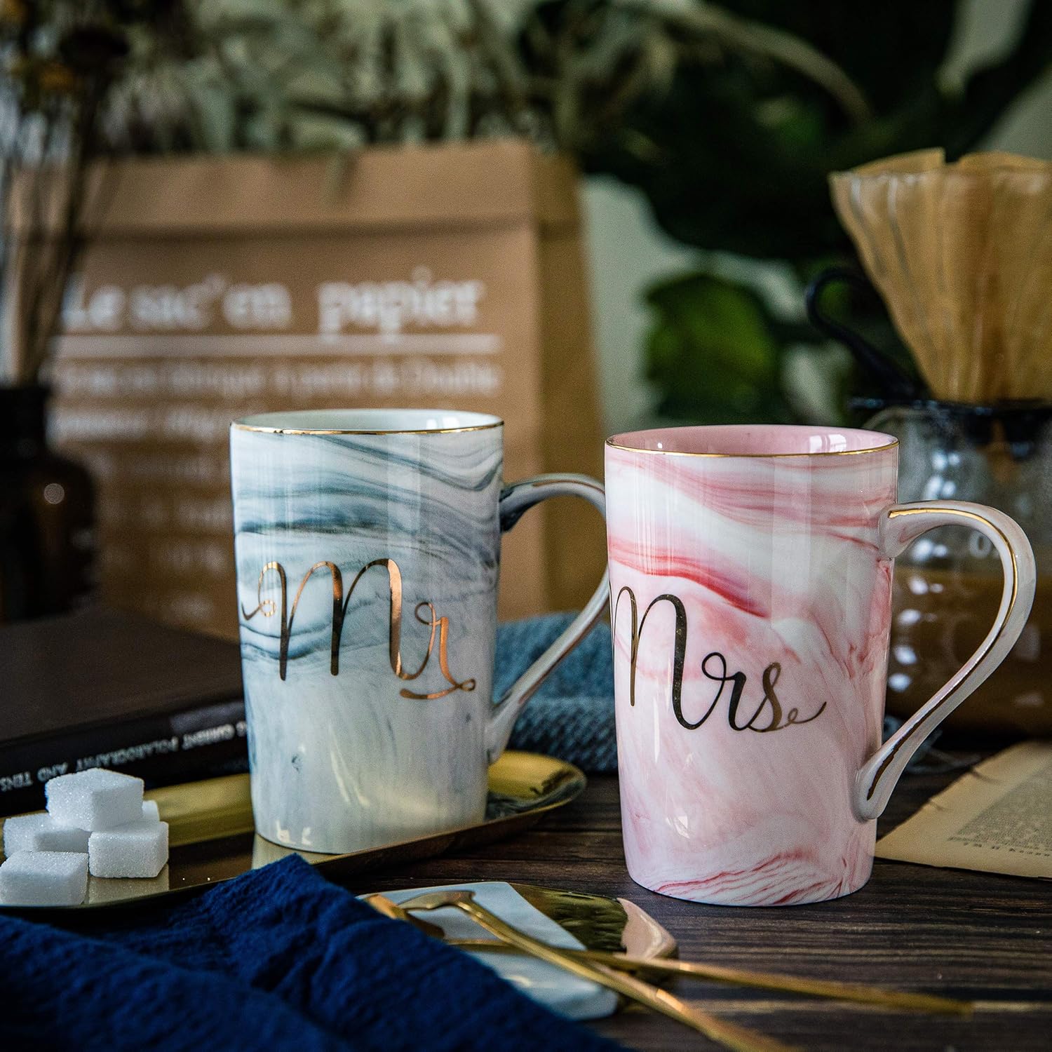 Jumway Mr and Mrs Coffee Mugs – Wedding Gifts for Bride and Groom – Gifts for Bridal Shower Engagement Wedding and Married Couples Anniversary – Ceramic Marble Cups 14 Oz Pink