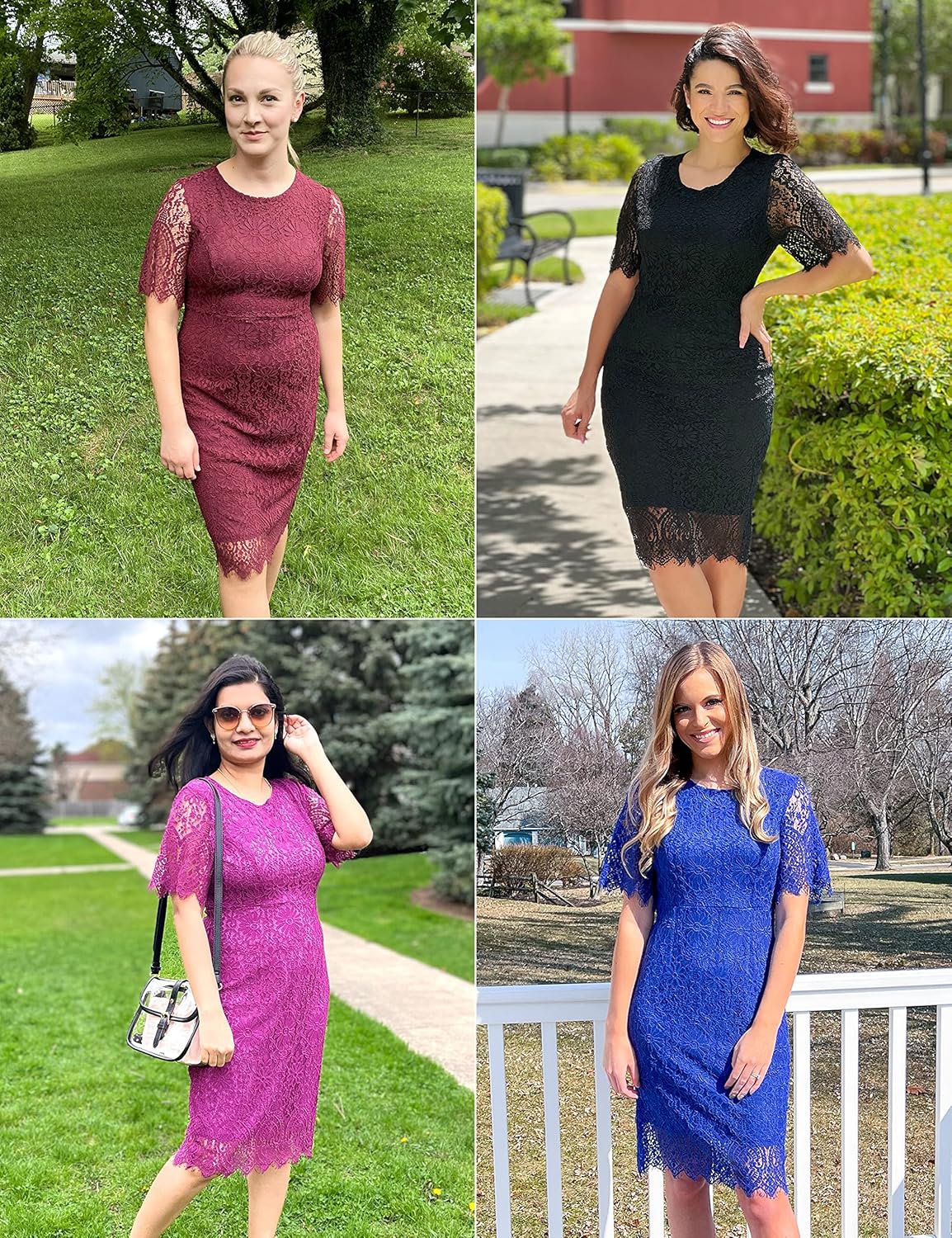 MEROKEETY Womens Short Sleeve Lace Floral Cocktail Dress Crew Neck Knee Length for Party