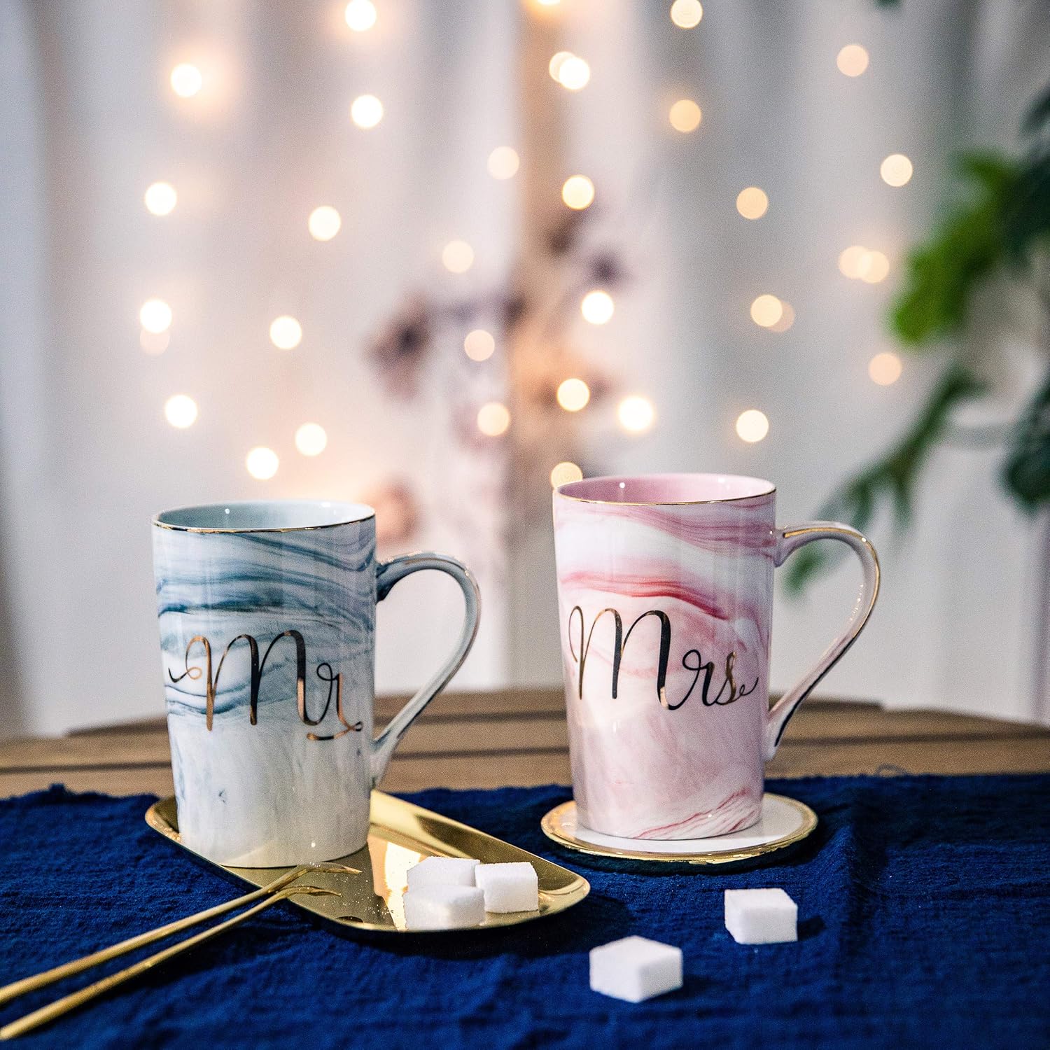Jumway Mr and Mrs Coffee Mugs – Wedding Gifts for Bride and Groom – Gifts for Bridal Shower Engagement Wedding and Married Couples Anniversary – Ceramic Marble Cups 14 Oz Pink