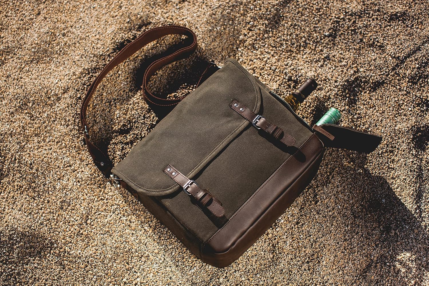 LEGACY – a Picnic Time Brand Adventure Wine Tote Bag with Wine Glasses and Mini Table, Khaki Green/Brown