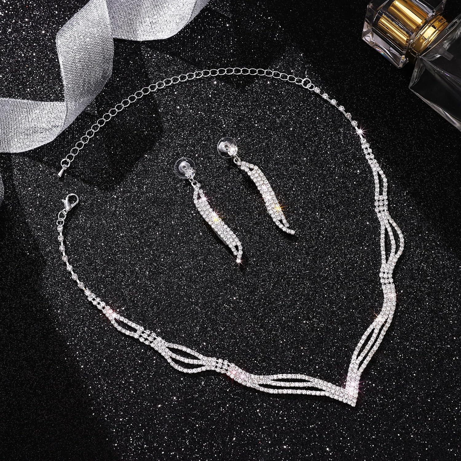 Silver V Shaped Necklace Rhinestone Necklace And Earring Set Wedding Bridal Sparkly Crystal Necklaces for Women